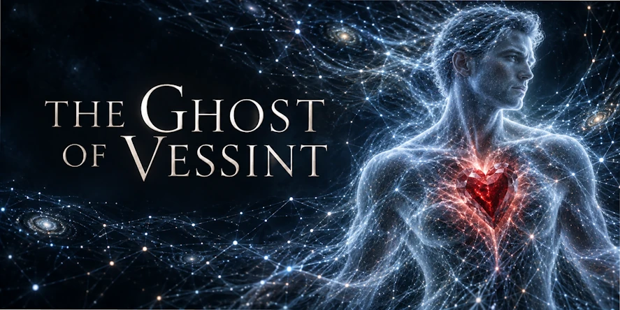 Cover art for The Ghost of Vessint: a translucent man woven from glowing network lines, a red crystal heart burning in his chest, standing in a field of stars and distant galaxies.